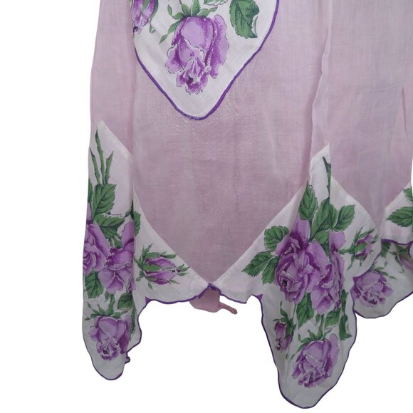 Vintage Handmade Sheer Pink Half Apron Floral Vintage Linen Hanky Trim & Pocket - Picture 6 of 11